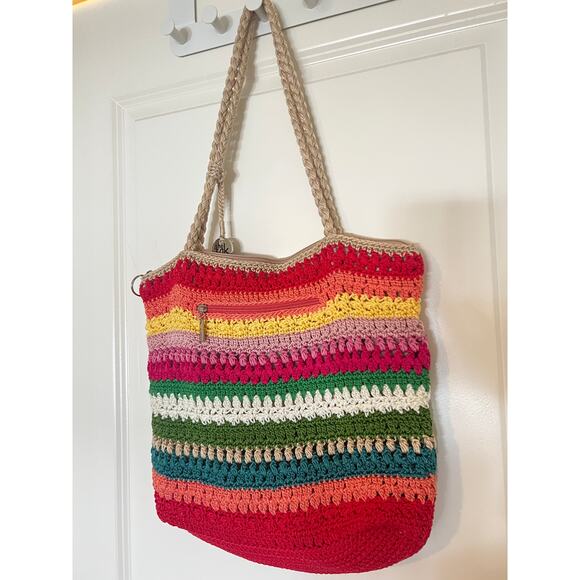 The Sak Rainbow Stripe Crochet Shoulder Bag Multicolor Tote Purse Zipper Close - Picture 3 of 5